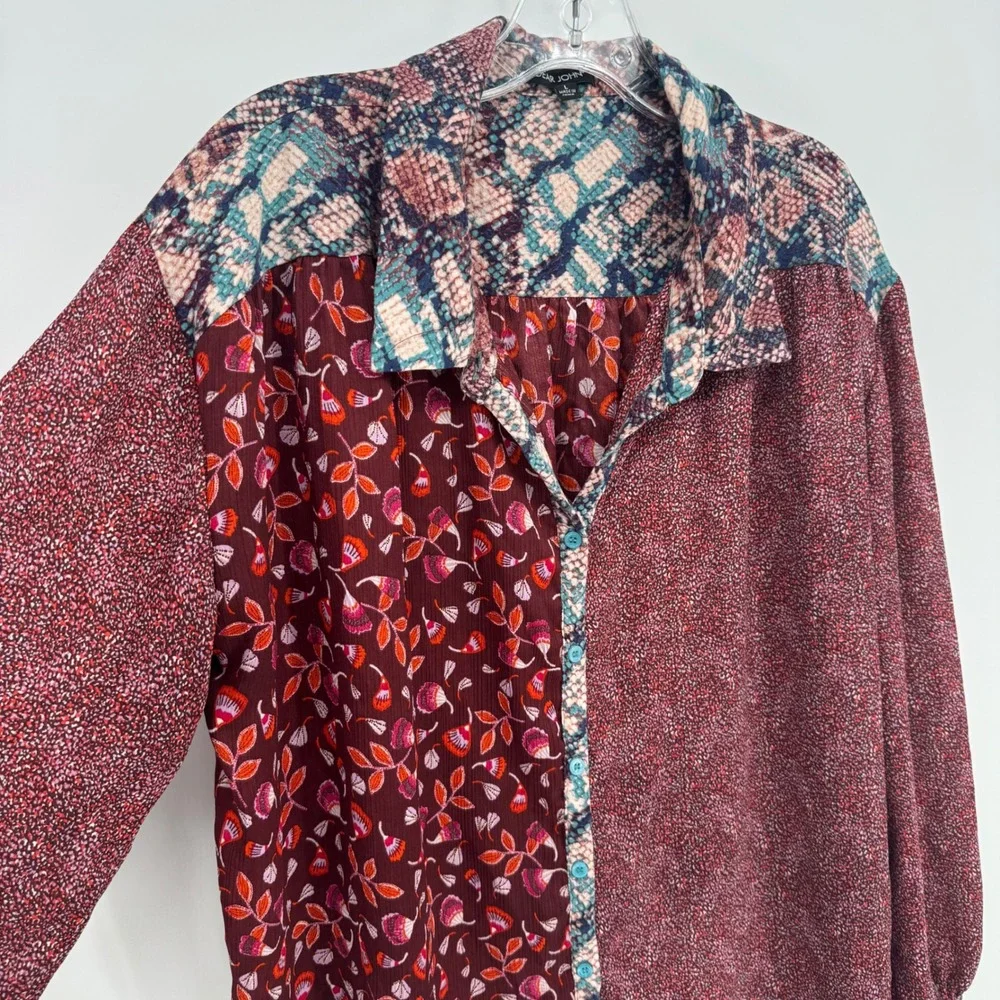 DEAR‎ JOHN Womens Multicolor Patchwork Snake Print Floral Button Up Shirt Size L